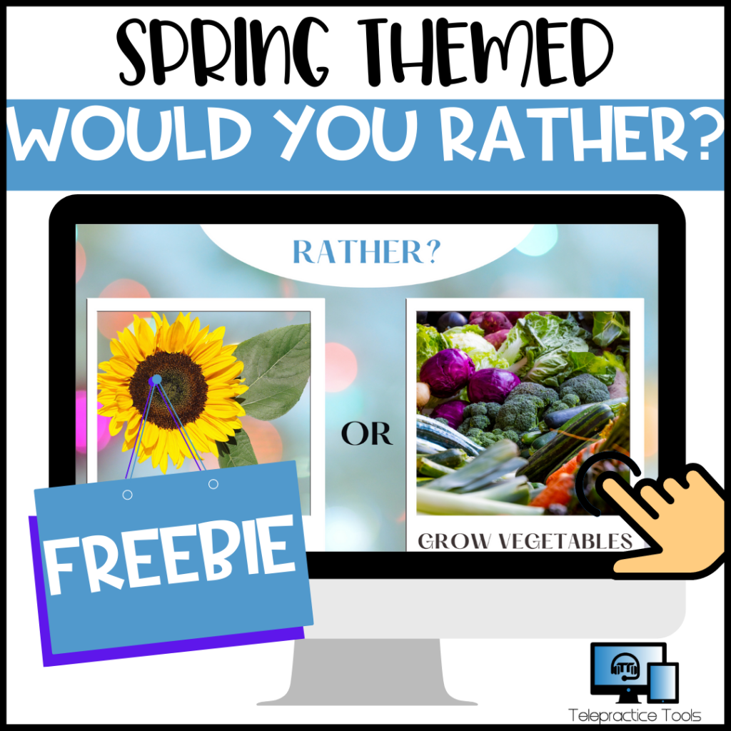 This digital no print, no prep spring-themed Would you Rather activity is perfect for speech teletherapy sessions. This can be used as an icebreaker or for students to practice their language, articulation, or fluency in conversational speech for elementary school, middle school, and high school students. This can also address social language skills as students will share their preferences. This game is perfect for groups or individual one-on-one instruction. If you like this activity, please check out the other decks in our store.