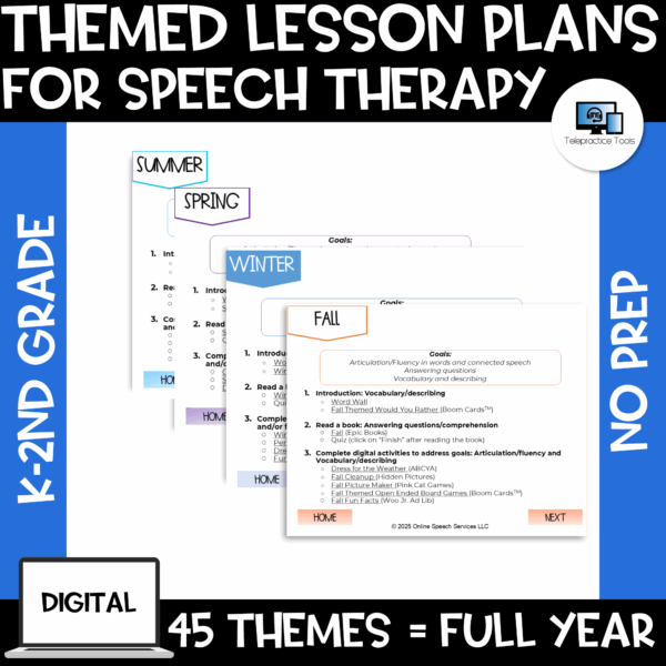 Full-Year Themed Speech Therapy Lesson Plan Bundle for K-2nd Grade